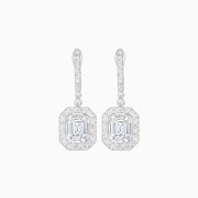 Art Deco Style Emerald - Cut Drop Diamond Earrings with Baguette Halo - Shahin Jewelry